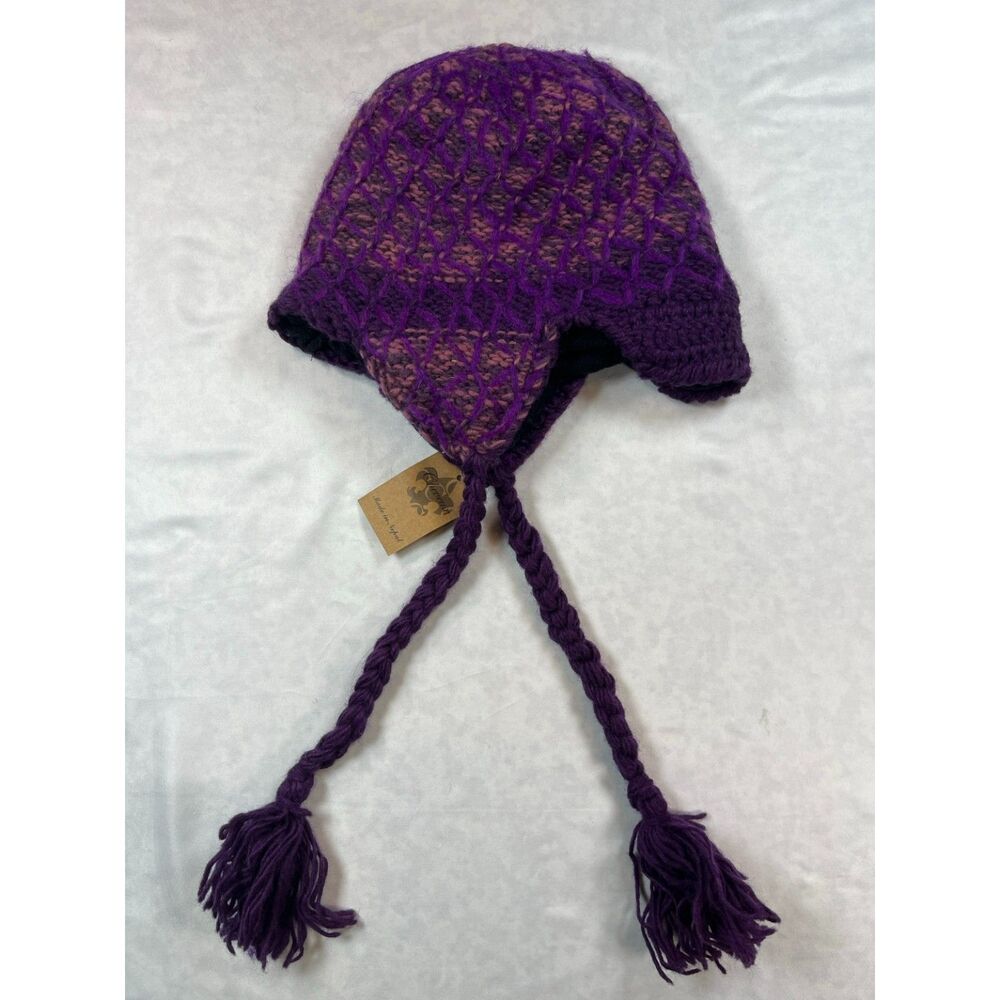 Cheveux Wool Hat Handmade Nepal Purple Knit Ear Flap Tassel Lined Winter